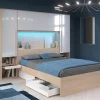 Lit Avec Rangements 160 X 200 Cm - Avec LEDs - Coloris : Naturel Et Blanc Brillant - VELONA