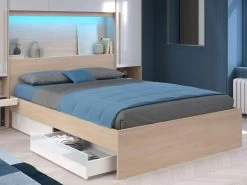 Lit Avec Rangements 160 X 200 Cm - Avec LEDs - Coloris : Naturel Et Blanc Brillant - VELONA -Magasin de lits lit 21017563