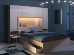 Lit Avec Rangements 160 X 200 Cm - Avec LEDs - Coloris : Naturel Et Blanc Brillant - VELONA -Magasin de lits lit 21017647