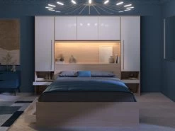 Lit Avec Rangements 160 X 200 Cm - Avec LEDs - Coloris : Naturel Et Blanc Brillant - VELONA -Magasin de lits lit 21017649