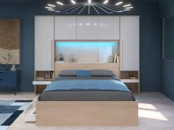 Lit Avec Rangements 160 X 200 Cm - Avec LEDs - Coloris : Naturel Et Blanc Brillant - VELONA -Magasin de lits lit 21017659