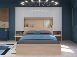 Lit Avec Rangements 160 X 200 Cm - Avec LEDs - Coloris : Naturel Et Blanc Brillant - VELONA -Magasin de lits lit 21017661