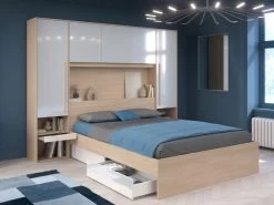 Lit Avec Rangements 160 X 200 Cm - Avec LEDs - Coloris : Naturel Et Blanc Brillant - VELONA -Magasin de lits lit 21017671