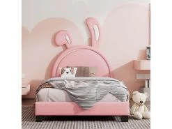 Lit Enfant Avectête En Forme D'oreilles De Lapin + Avec Sommier à Lattes - 90x200cm - Cuir - Rose