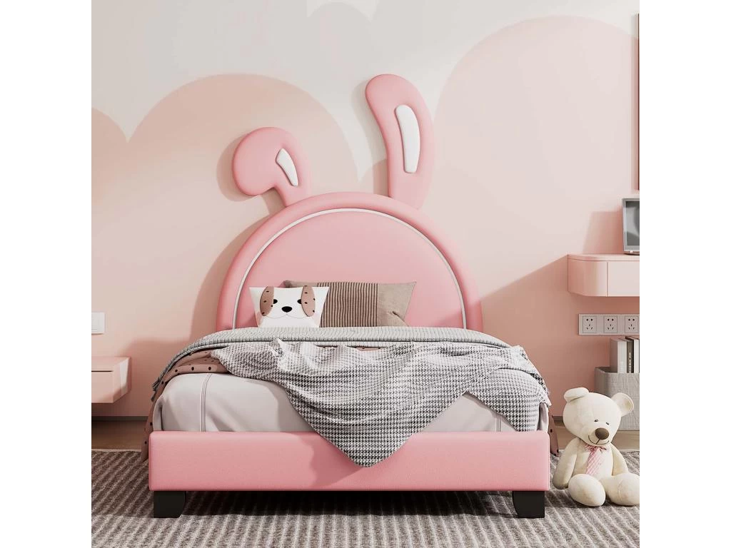 Lit Enfant Avectête En Forme D'oreilles De Lapin + Avec Sommier à Lattes - 90x200cm - Cuir - Rose 1 Lit Enfant Avectête En Forme D'oreilles De Lapin + Avec Sommier à Lattes - 90x200cm - Cuir - Rose