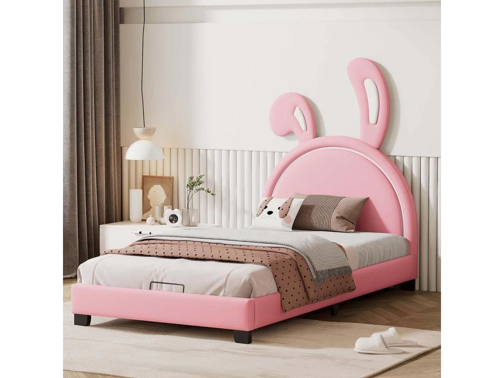 Lit Enfant Avectête En Forme D'oreilles De Lapin + Avec Sommier à Lattes - 90x200cm - Cuir - Rose 2 Lit Enfant Avectête En Forme D'oreilles De Lapin + Avec Sommier à Lattes - 90x200cm - Cuir - Rose – Image 2