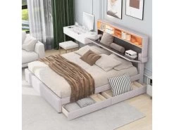 Lit Adulte Avec Tiroirs + LED Et Port USb - Tête De Lit Réglable - 140x200cm - Lin - Beige