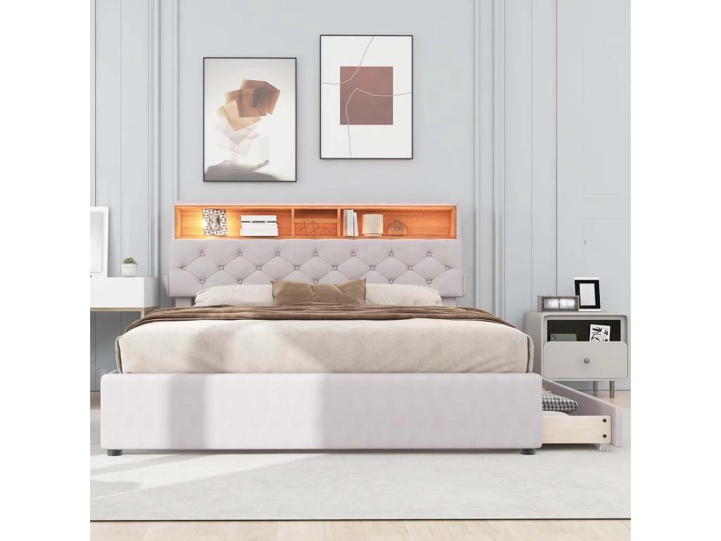 Lit Adulte Avec Tiroirs + LED Et Port USb - Tête De Lit Réglable - 140x200cm - Lin - Beige 2 Lit Adulte Avec Tiroirs + LED Et Port USb - Tête De Lit Réglable - 140x200cm - Lin - Beige – Image 2