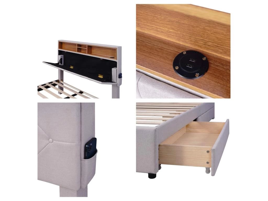 Lit Adulte Avec Tiroirs + LED Et Port USb - Tête De Lit Réglable - 140x200cm - Lin - Beige 4 Lit Adulte Avec Tiroirs + LED Et Port USb - Tête De Lit Réglable - 140x200cm - Lin - Beige – Image 4