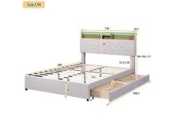 Lit Adulte Avec Tiroirs + LED Et Port USb - Tête De Lit Réglable - 140x200cm - Lin - Beige 9 Lit Adulte Avec Tiroirs + LED Et Port USb - Tête De Lit Réglable - 140x200cm - Lin - Beige -Magasin de lits lit 21025965