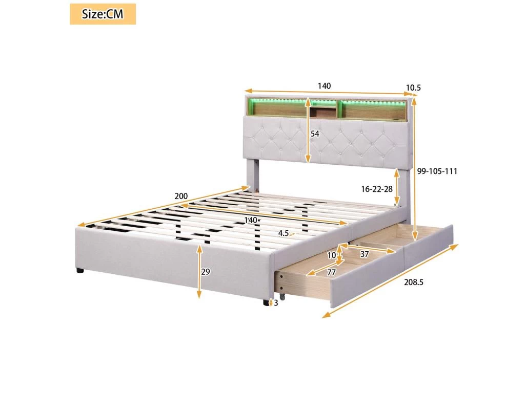 Lit Adulte Avec Tiroirs + LED Et Port USb - Tête De Lit Réglable - 140x200cm - Lin - Beige 5 Lit Adulte Avec Tiroirs + LED Et Port USb - Tête De Lit Réglable - 140x200cm - Lin - Beige – Image 5