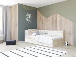 Lit 90 X 200 Cm Avec Rangements - Blanc Et Naturel + Sommier + Matelas - LIARA