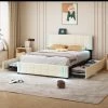 Lit Adulte 140x200cm - Lit Rembourré Avec 4 Tiroirs + LED Et 2 Ports USB + Sommier à Lattes - Lin - Beige