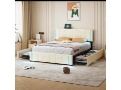 Lit Adulte 140x200cm - Lit Rembourré Avec 4 Tiroirs + LED Et 2 Ports USB + Sommier à Lattes - Lin - Beige