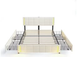 Lit Adulte 140x200cm - Lit Rembourré Avec 4 Tiroirs + LED Et 2 Ports USB + Sommier à Lattes - Lin - Beige -Magasin de lits lit 21123561