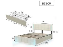 Lit Adulte 140x200cm - Lit Rembourré Avec 4 Tiroirs + LED Et 2 Ports USB + Sommier à Lattes - Lin - Beige -Magasin de lits lit 21123565