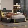 Lit Adulte 140x200cm - Lit Rembourré Avec 4 Tiroirs + LED Et 2 Ports USB + Sommier à Lattes - Lin - Gris