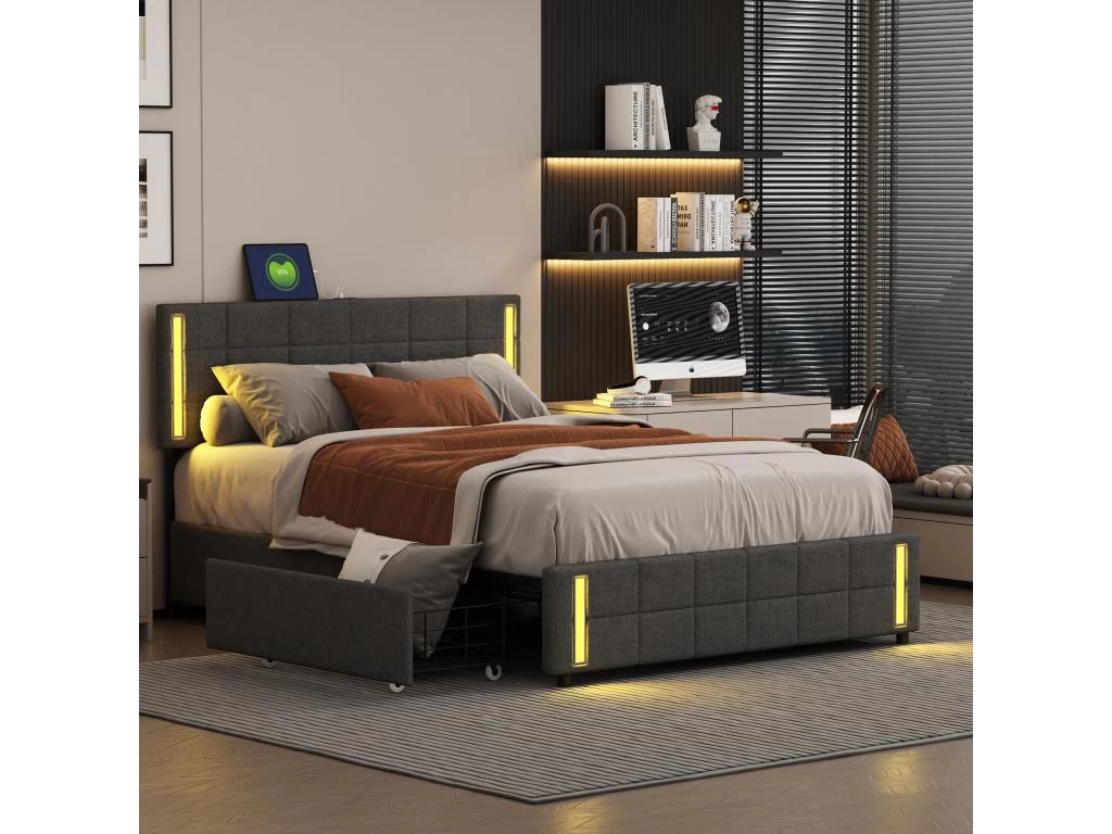 Lit Adulte 140x200cm - Lit Rembourré Avec 4 Tiroirs + LED Et 2 Ports USB + Sommier à Lattes - Lin - Gris 1 Lit Adulte 140x200cm - Lit Rembourré Avec 4 Tiroirs + LED Et 2 Ports USB + Sommier à Lattes - Lin - Gris