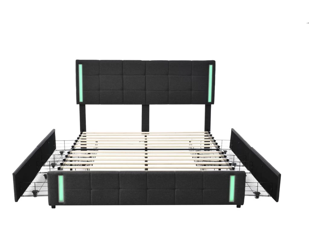 Lit Adulte 140x200cm - Lit Rembourré Avec 4 Tiroirs + LED Et 2 Ports USB + Sommier à Lattes - Lin - Gris 3 Lit Adulte 140x200cm - Lit Rembourré Avec 4 Tiroirs + LED Et 2 Ports USB + Sommier à Lattes - Lin - Gris – Image 3