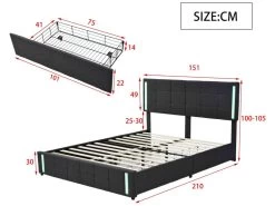 Lit Adulte 140x200cm - Lit Rembourré Avec 4 Tiroirs + LED Et 2 Ports USB + Sommier à Lattes - Lin - Gris 9 Lit Adulte 140x200cm - Lit Rembourré Avec 4 Tiroirs + LED Et 2 Ports USB + Sommier à Lattes - Lin - Gris -Magasin de lits lit 21123575