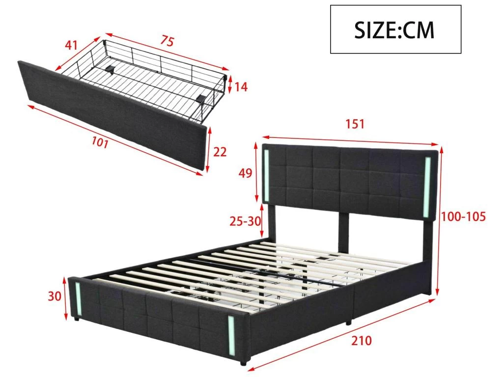 Lit Adulte 140x200cm - Lit Rembourré Avec 4 Tiroirs + LED Et 2 Ports USB + Sommier à Lattes - Lin - Gris 5 Lit Adulte 140x200cm - Lit Rembourré Avec 4 Tiroirs + LED Et 2 Ports USB + Sommier à Lattes - Lin - Gris – Image 5