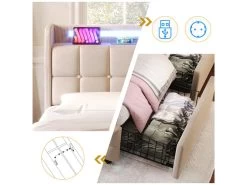 Lit Rembourré Avec 2 Tiroirs, LED Et 2 Ports USB + Sommier à Lattes - Tissu En Lin - 180x200cm - Beige -Magasin de lits lit 21147377