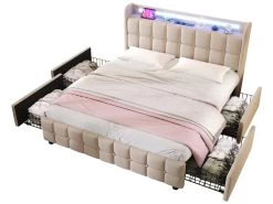 Lit Rembourré Avec 2 Tiroirs, LED Et 2 Ports USB + Sommier à Lattes - Tissu En Lin - 180x200cm - Beige -Magasin de lits lit 21147379