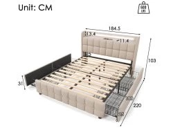 Lit Rembourré Avec 2 Tiroirs, LED Et 2 Ports USB + Sommier à Lattes - Tissu En Lin - 180x200cm - Beige -Magasin de lits lit 21147385