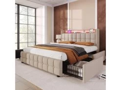 Lit Rembourré Avec 2 Tiroirs, LED Et 2 Ports USB + Sommier à Lattes - Tissu En Lin - 160x200cm - Beige