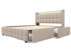 Lit Rembourré Avec 2 Tiroirs, LED Et 2 Ports USB + Sommier à Lattes - Tissu En Lin - 160x200cm - Beige -Magasin de lits lit 21147397
