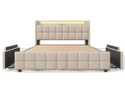 Lit Rembourré Avec 2 Tiroirs, LED Et 2 Ports USB + Sommier à Lattes - Tissu En Lin - 160x200cm - Beige -Magasin de lits lit 21147399
