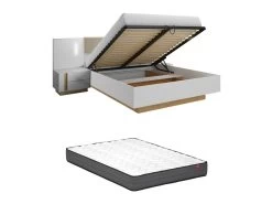 Lit Coffre Avec Chevets 160 X 200 Cm - Avec LEDs - Blanc Et Naturel + Matelas - MURARI -Magasin de lits lit 21213603
