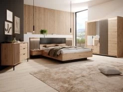 Lit Coffre Avec Chevets 160 X 200 Cm - Avec LEDs - Coloris : Naturel Et Noir - ARIADA