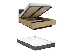 Lit Coffre Avec Chevets 160 X 200 Cm - Avec LEDs - Coloris : Naturel Et Noir + Matelas - ARIADA -Magasin de lits lit 21224261