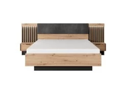 Lit Coffre Avec Chevets 160 X 200 Cm - Avec LEDs - Coloris : Naturel Et Noir + Matelas - ARIADA -Magasin de lits lit 21224265