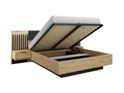 Lit Coffre Avec Chevets 160 X 200 Cm - Avec LEDs - Coloris : Naturel Et Noir - ARIADA -Magasin de lits lit 21226367