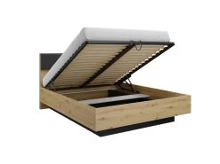 Lit Coffre Avec Chevets 160 X 200 Cm - Avec LEDs - Coloris : Naturel Et Noir + Matelas - ARIADA -Magasin de lits lit 21232487