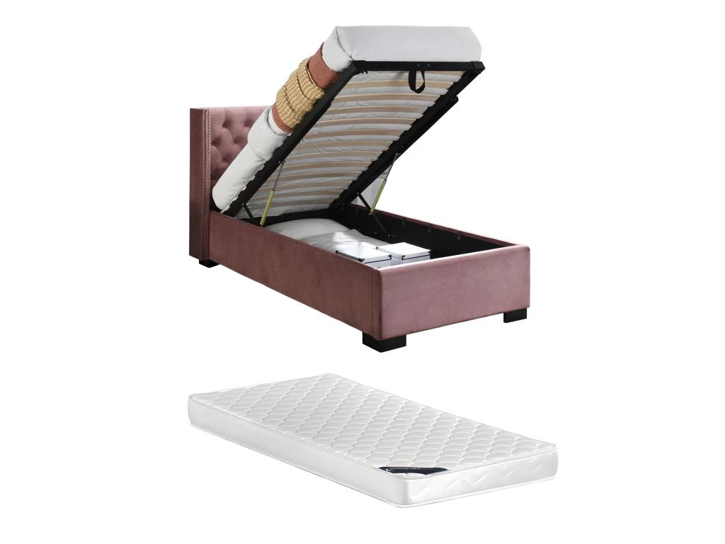 Lit Coffre 90 X 200 Cm Avec Tête De Lit Capitonnée - Velours - Rose + Matelas - MASSIMO 7 Lit Coffre 90 X 200 Cm Avec Tête De Lit Capitonnée - Velours - Rose + Matelas - MASSIMO – Image 7