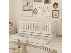 Lit Pour Enfant Avec Barrière De Sécurité Et 2 Tiroirs - 90x200cm - Bois Massif - Blanc