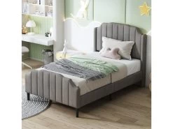 Lit Capitonné En Velours 90x200cm Avec Sommier à Lattes - Gris -Magasin de lits lit 21860291