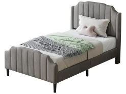 Lit Capitonné En Velours 90x200cm Avec Sommier à Lattes - Gris -Magasin de lits lit 21860295