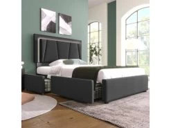 Lit 90x200cm Avec 2 Tiroirs + LED + Sommier à Lattes - Lin - Gris