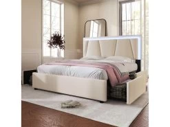 Lit 160x200cm Avec 2 Tiroirs + LED + Sommier à Lattes - Lin - Beige