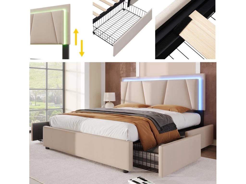 Lit 160x200cm Avec 2 Tiroirs + LED + Sommier à Lattes - Lin - Beige 2 Lit 160x200cm Avec 2 Tiroirs + LED + Sommier à Lattes - Lin - Beige – Image 2