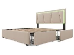 Lit 160x200cm Avec 2 Tiroirs + LED + Sommier à Lattes - Lin - Beige 13 Lit 160x200cm Avec 2 Tiroirs + LED + Sommier à Lattes - Lin - Beige -Magasin de lits lit 21860375