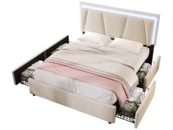 Lit 160x200cm Avec 2 Tiroirs + LED + Sommier à Lattes - Lin - Beige 14 Lit 160x200cm Avec 2 Tiroirs + LED + Sommier à Lattes - Lin - Beige -Magasin de lits lit 21860377