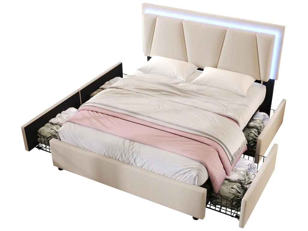 Lit 160x200cm Avec 2 Tiroirs + LED + Sommier à Lattes - Lin - Beige 5 Lit 160x200cm Avec 2 Tiroirs + LED + Sommier à Lattes - Lin - Beige – Image 5