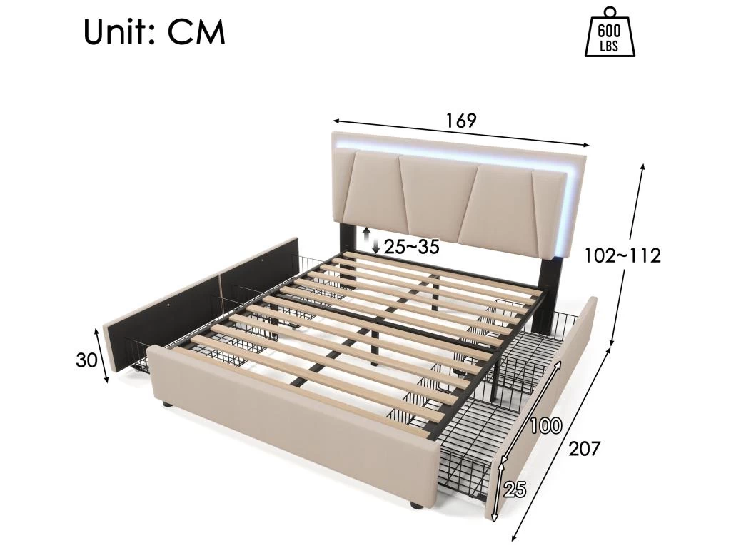 Lit 160x200cm Avec 2 Tiroirs + LED + Sommier à Lattes - Lin - Beige 6 Lit 160x200cm Avec 2 Tiroirs + LED + Sommier à Lattes - Lin - Beige – Image 6