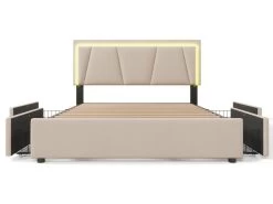 Lit 160x200cm Avec 2 Tiroirs + LED + Sommier à Lattes - Lin - Beige 17 Lit 160x200cm Avec 2 Tiroirs + LED + Sommier à Lattes - Lin - Beige -Magasin de lits lit 21860383