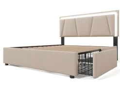 Lit 160x200cm Avec 2 Tiroirs + LED + Sommier à Lattes - Lin - Beige 18 Lit 160x200cm Avec 2 Tiroirs + LED + Sommier à Lattes - Lin - Beige -Magasin de lits lit 21860385